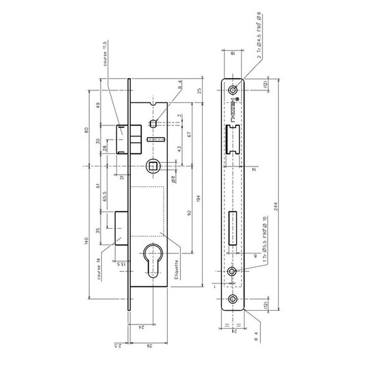 Plano técnico cerradura TECHNAL T1020 – dimensiones 244×39 mm, entreje 92 mm, cuadradillo 8 mm