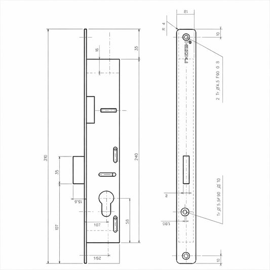 T1022 Cerradura de 3 puntos sin resbalón TECHNAL