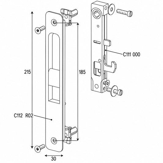 Plano técnico cierre corredera TECHNAL T3060P – despiece 215×30 mm, entre ejes 185 mm, repuesto T2940