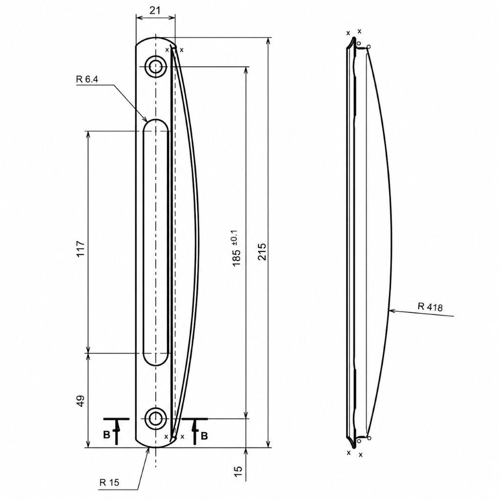 Technical drawing pull handle TECHNAL T3064, sliding Topaze GB