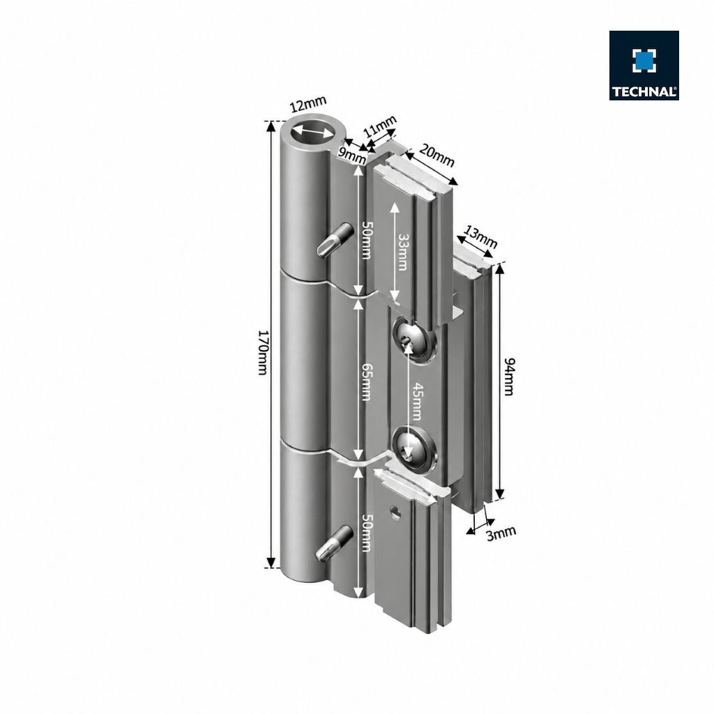 Dimension drawing of the TECHNAL T910003 150kg hinge for Soleal PY door