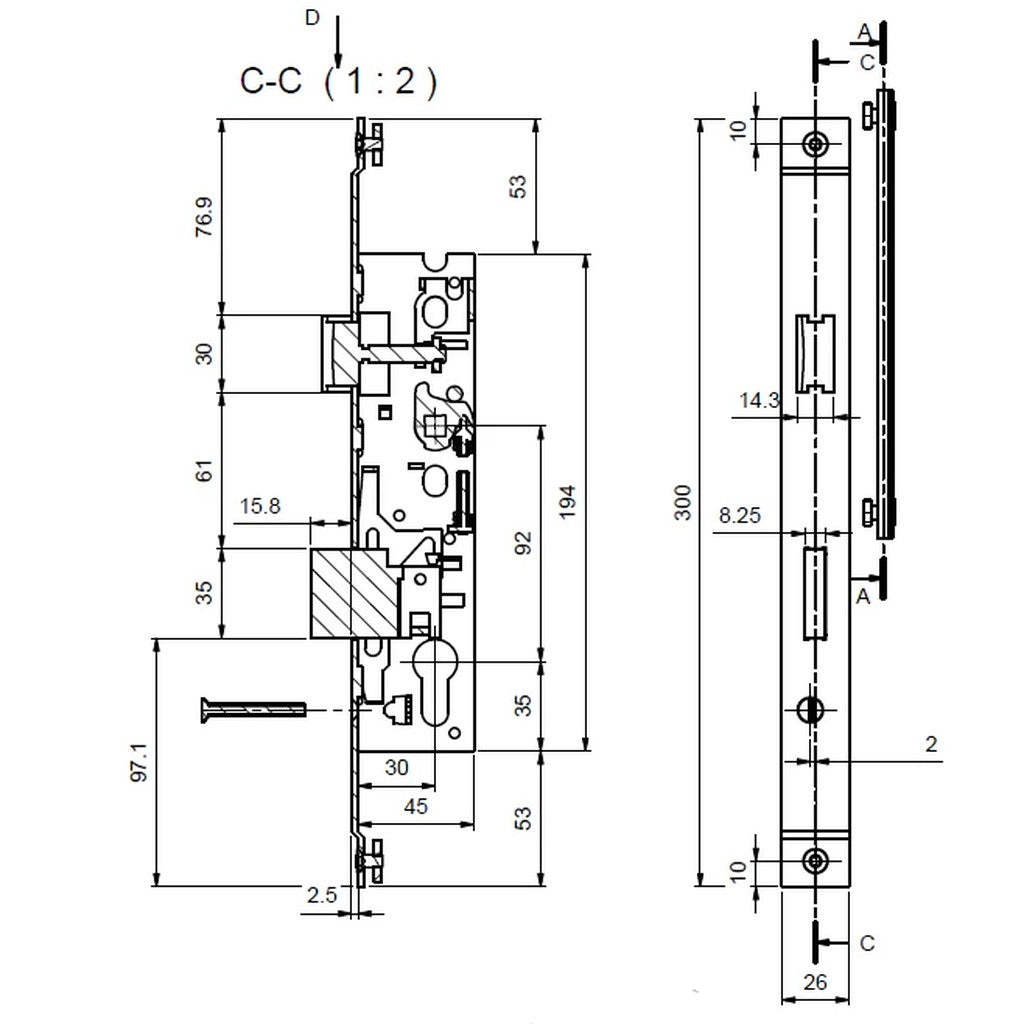 Technical drawing 1-point latch lock T920001, Soleal PY FY