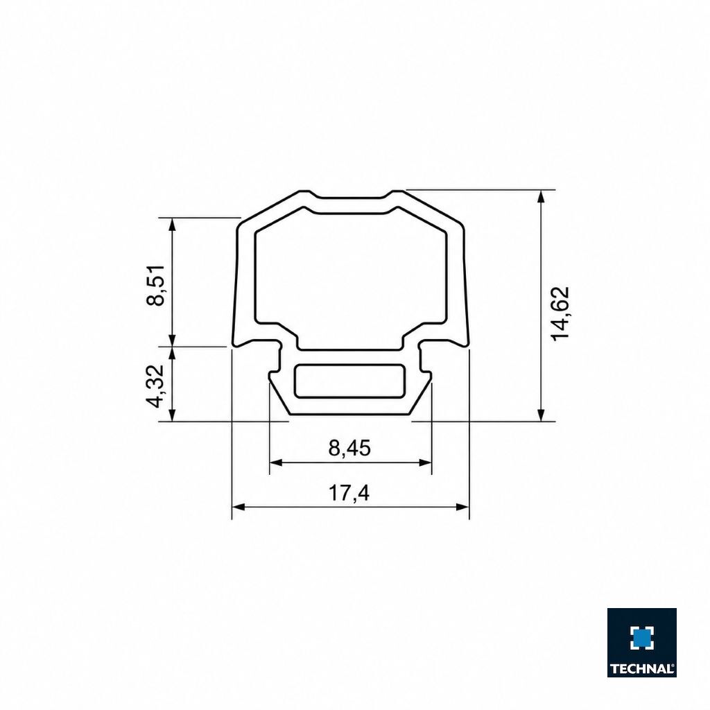 Plan avec cotes du joint d'étanchéité de montant TECHNAL TPW5000 Ambial PW
