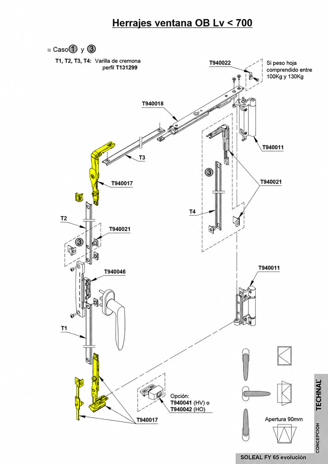 Exploded view tilt and turn hardware TECHNAL, Soleal FY65