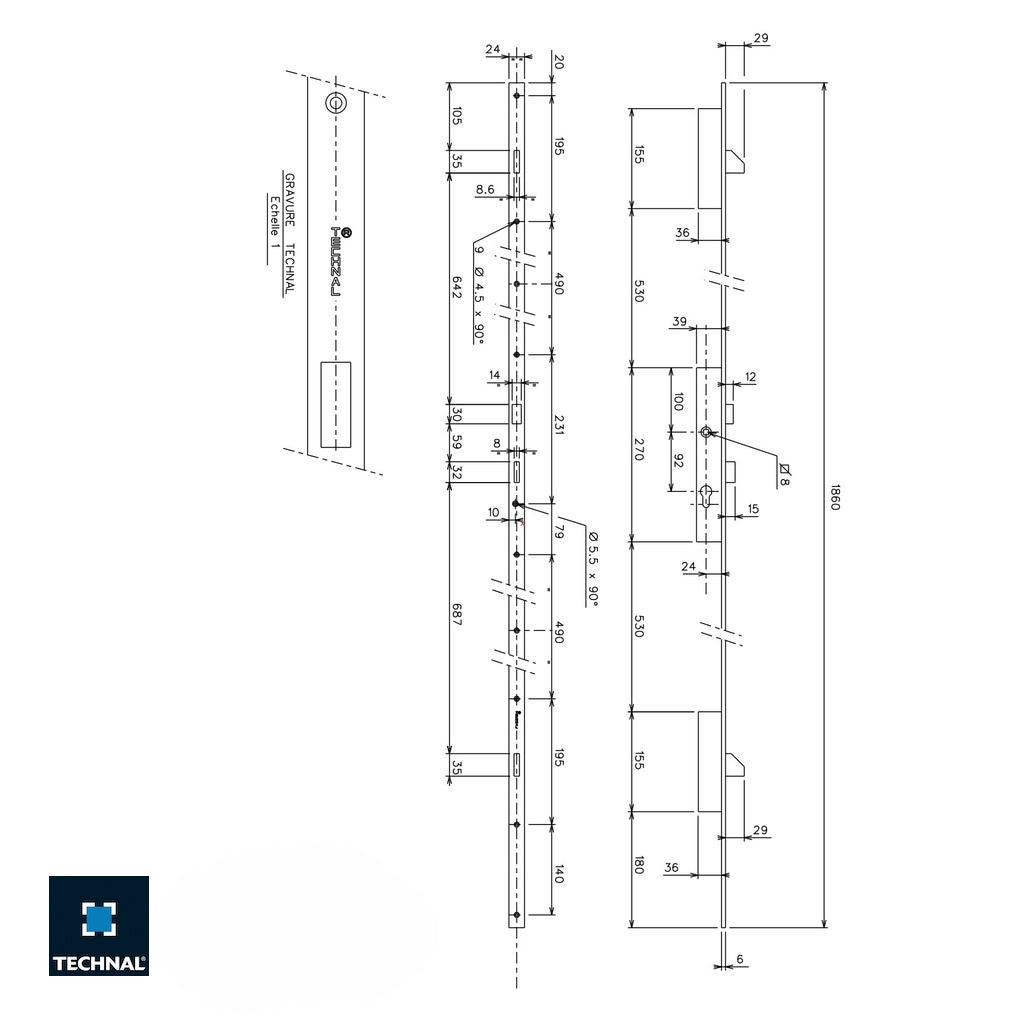 T1015 Cerradura de 3 puntos con pestillo basculante TECHNAL