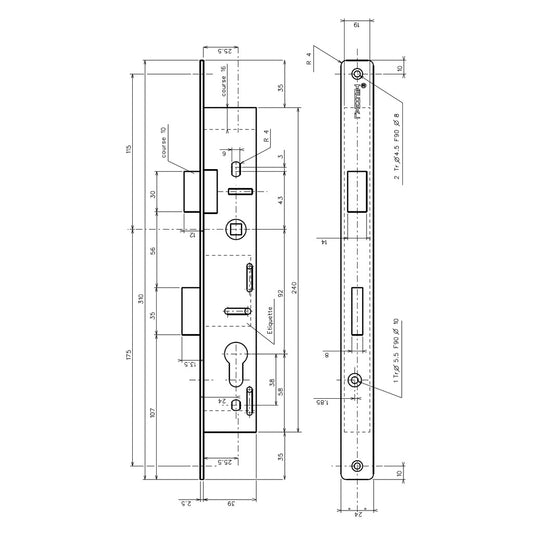 Plano técnico cerradura TECHNAL T1024 – 3 puntos 310×39 mm, entreje 92 mm, cuadradillo 8 mm F90
