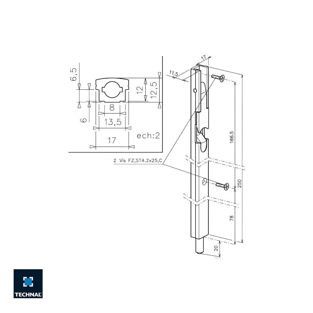 T1222 TECHNAL PL/PG  Flush Bolt for Passive Door