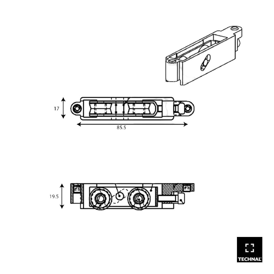 Technical drawing double roller TECHNAL T2950, 85.5x17x19.5mm