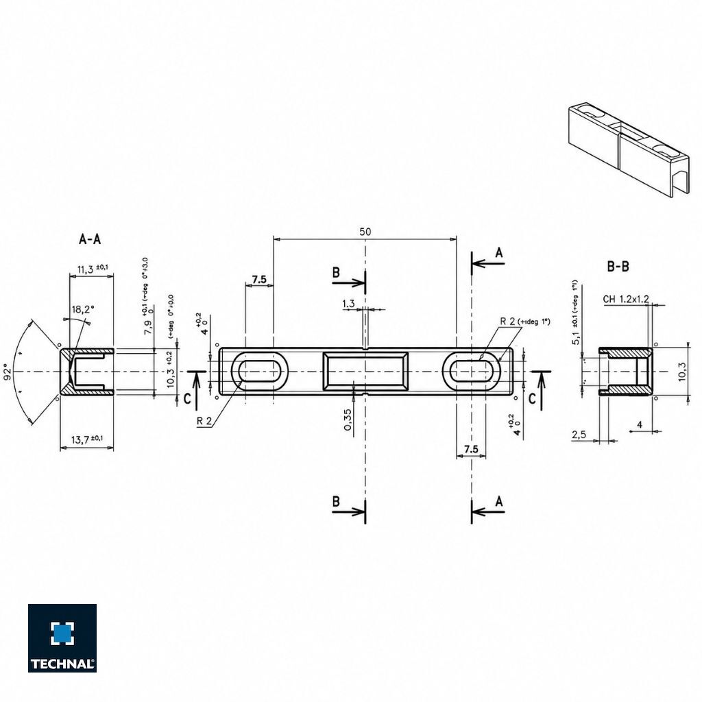 Technical drawing keep TECHNAL T3066, dimensions 50x13.7x10.3mm