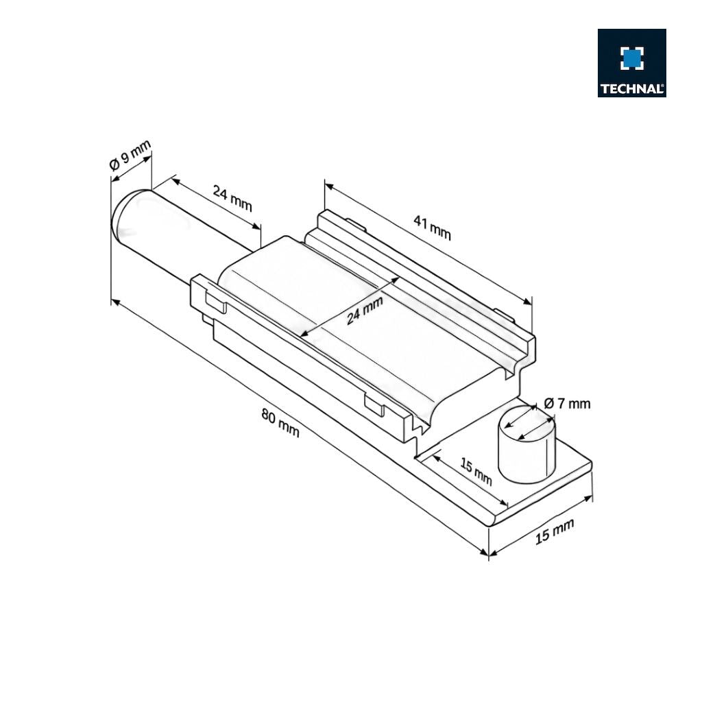 Dimension detail of end piece for upper locking point of TECHNAL door
