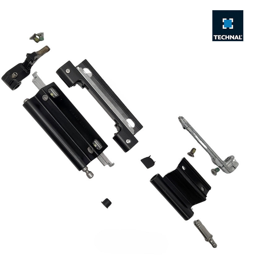 Bisagra oscilobatiente TECHNAL T940011 negra – despiece inferior y superior aluminio Soleal FY55 FY65 FY75