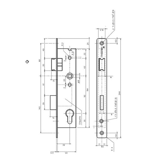 TCF016 Cerradura 1 punto con resbalón TECHNAL Cajetín 45mm