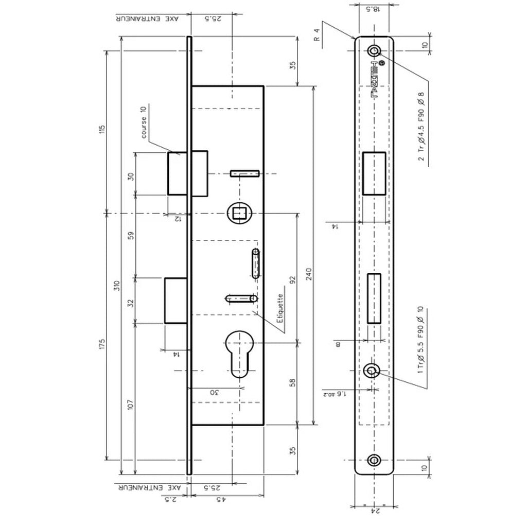 TCF017 Cerradura 3 puntos con resbalón TECHNAL Cajetín 45mm (Sólo bloque central)