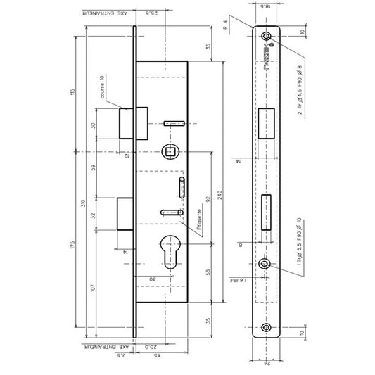 TCF017 Cerradura 3 puntos con resbalón TECHNAL Cajetín 45mm (Sólo bloque central)