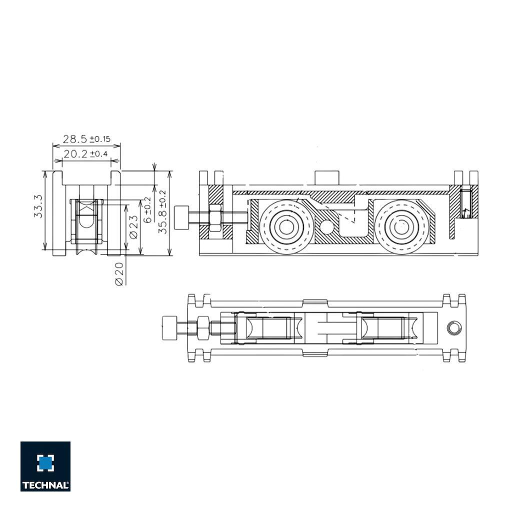Technical drawing double roller TECHNAL TCG016, Saphir GX GXi