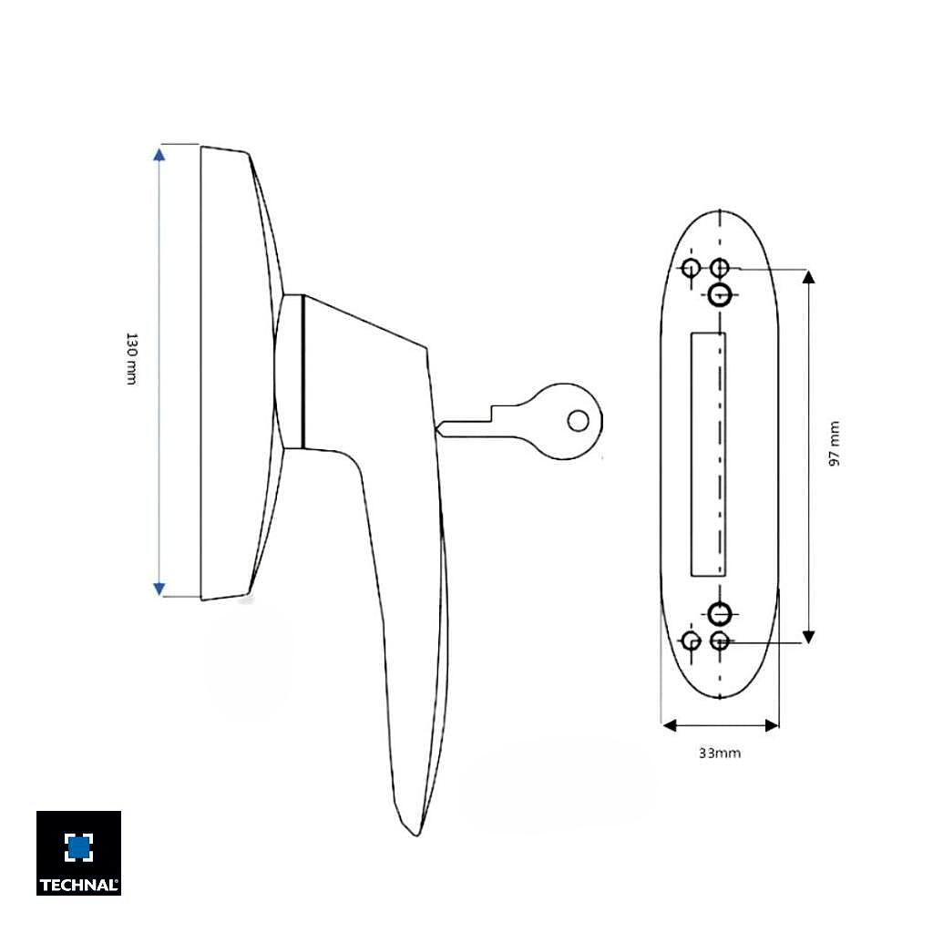 Technical drawing lockable handle TKF038, rose 97x33mm