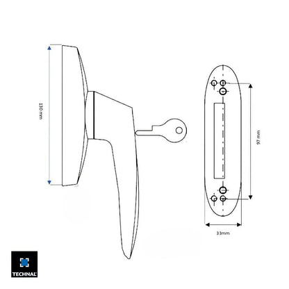 Technical drawing lockable handle TKF038, rose 97x33mm