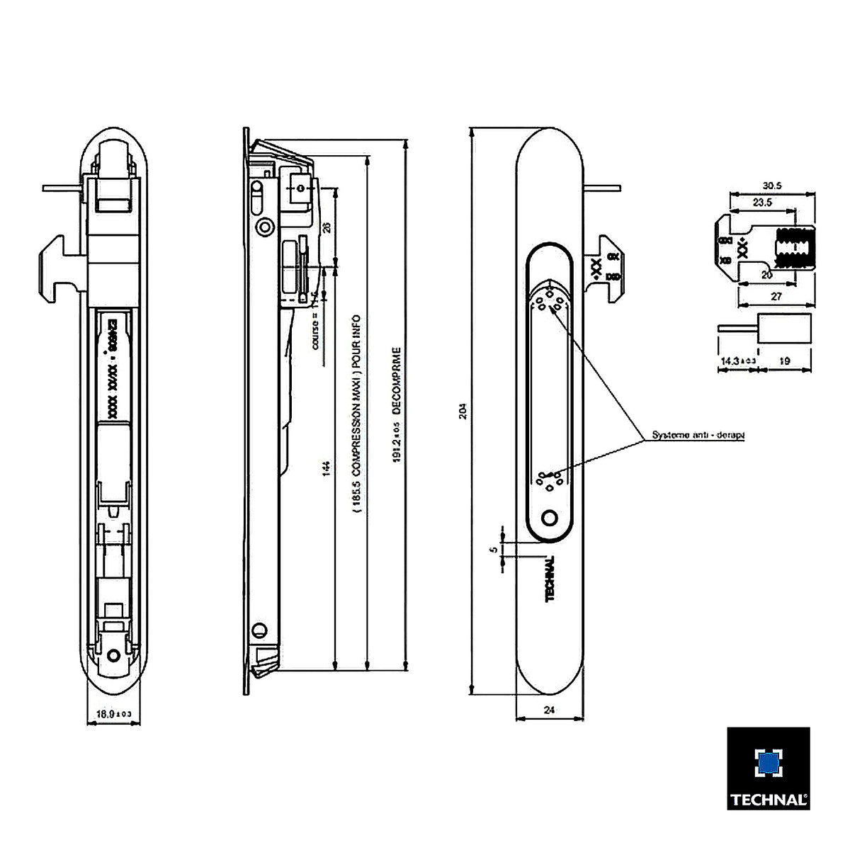 Technical drawing simple lock TKG001, Saphir GX GXi Topaze GB+