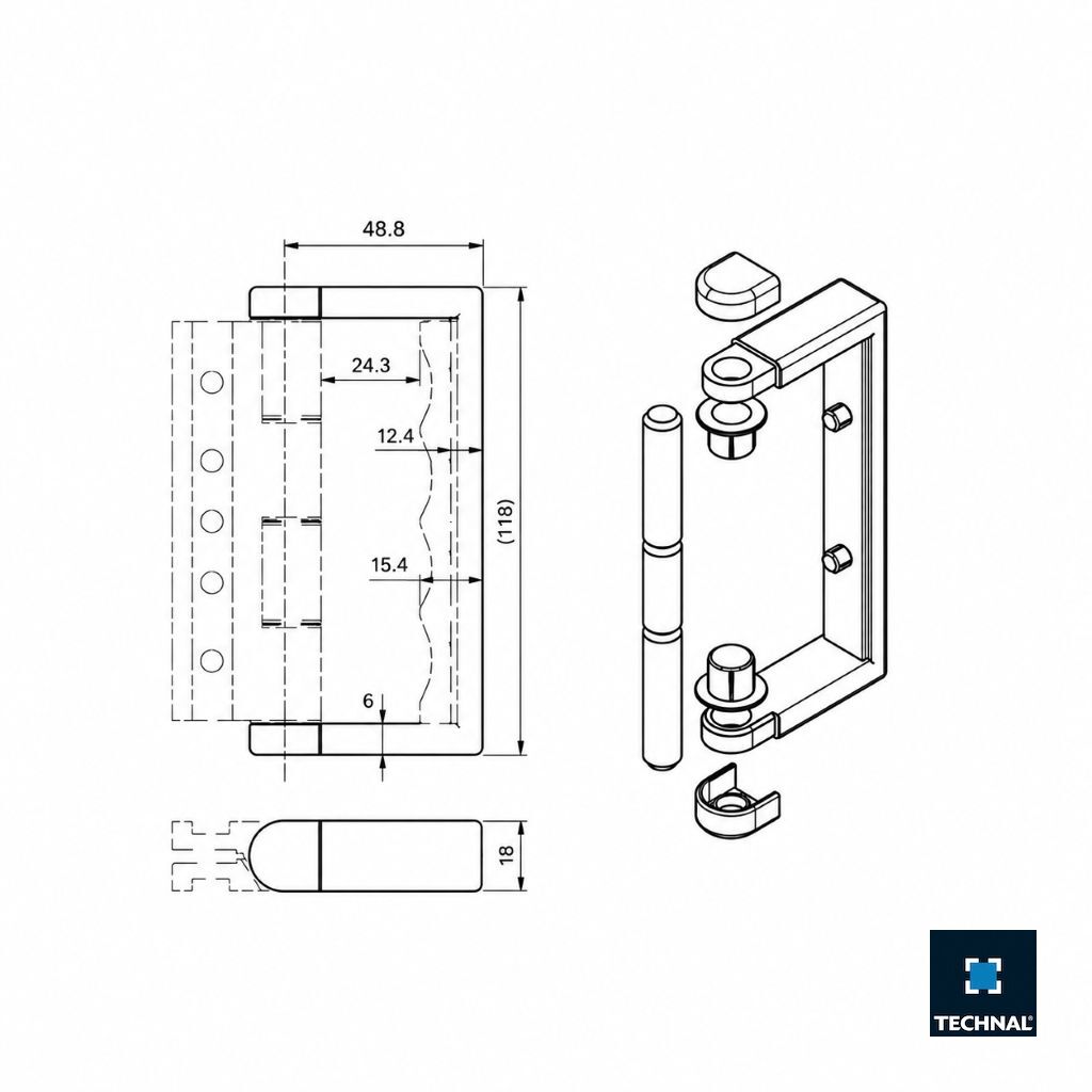 Dimension drawing of the TECHNAL TPW6006 pull handle for Ambial PW folding door