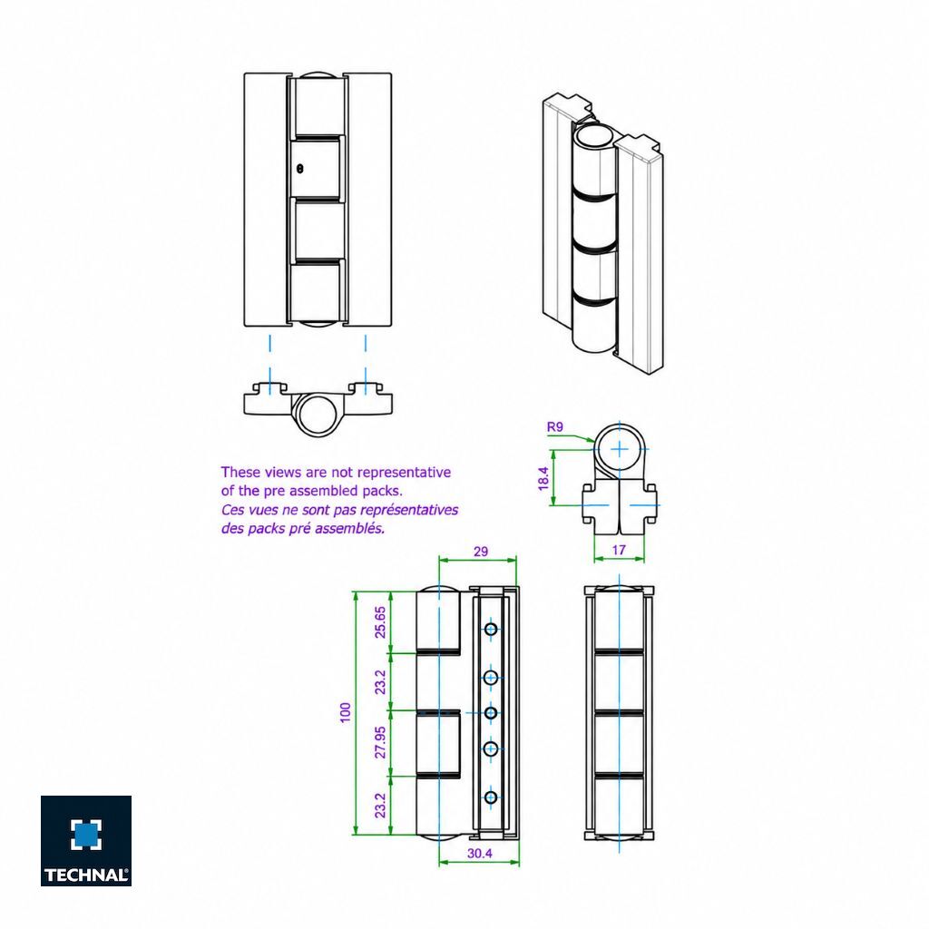 Plan avec cotes de la charnière centrale TECHNAL TPW6011 pour porte repliable Ambial PW