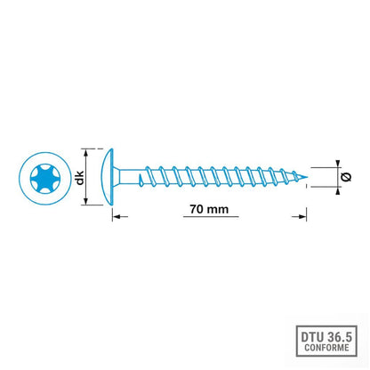 Plano tornillo inox 7 x 70 mm para fijación de carpintería TECHNAL