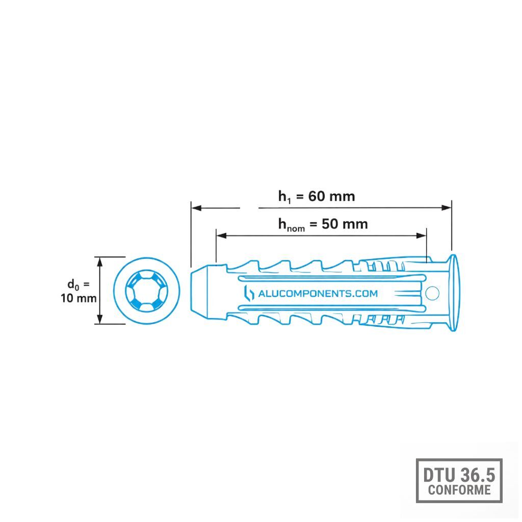 Plano taco expansivo Ø10 x 50 mm para patas de fijación TECHNAL