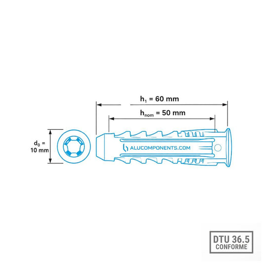 Plano taco expansivo Ø10 x 50 mm para patas de fijación TECHNAL
